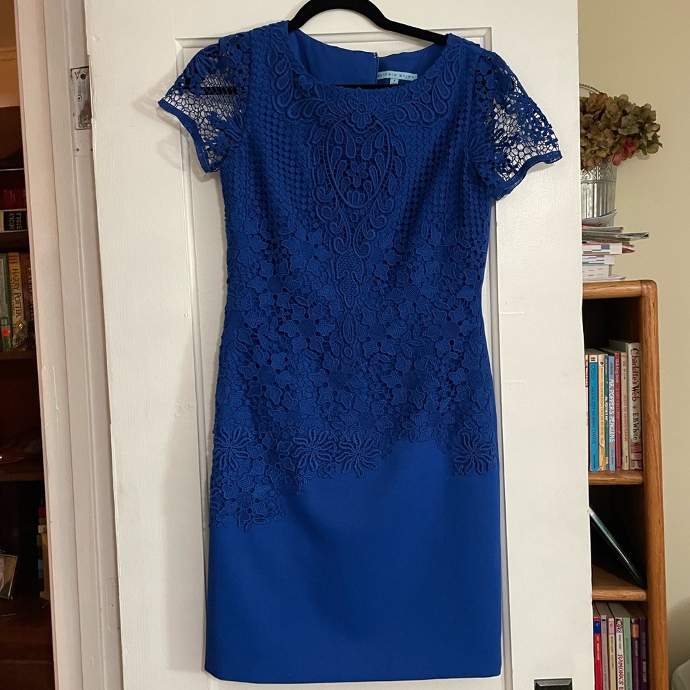 Blue formal dress with lace accents